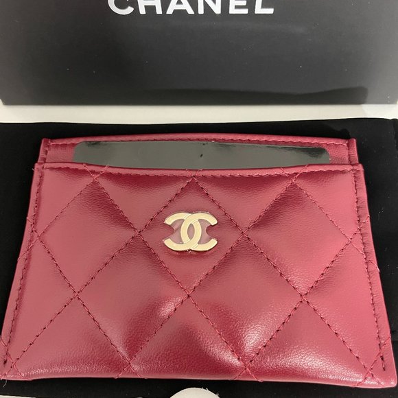 CHANEL NWB FULL SET 21A BURGUNDY GOLD TONE CARD CASE WALLET - Picture 2 of 7
